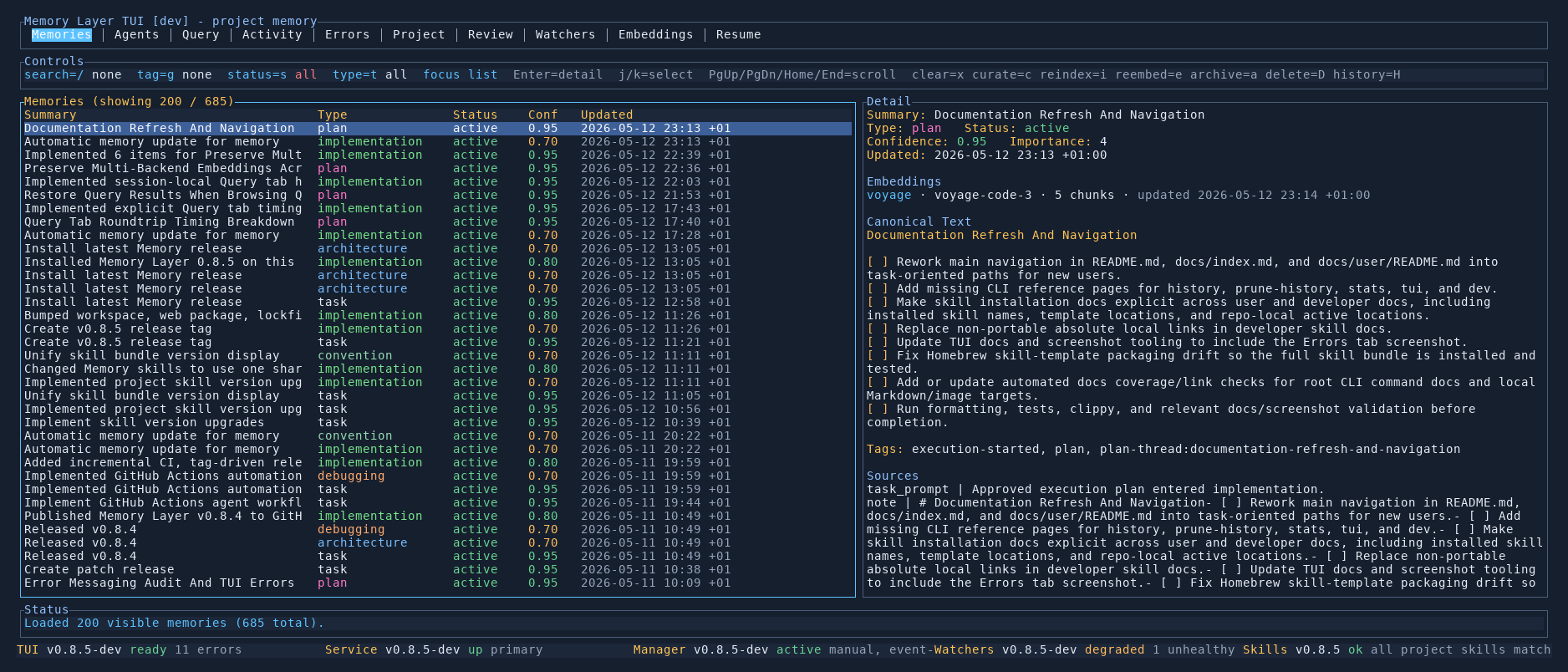 Memory Layer TUI overview